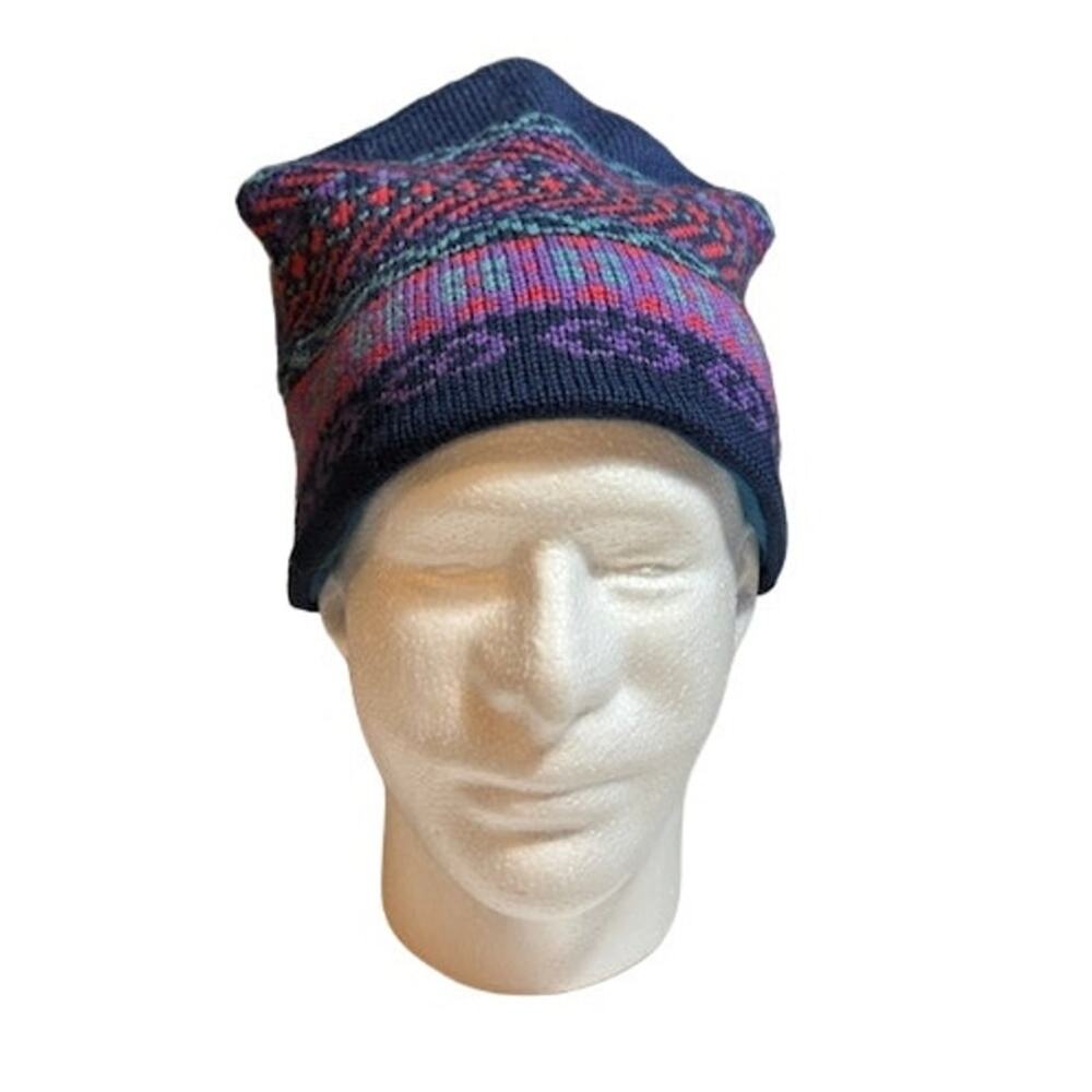 Vintage wool ski hat winter beanie in blue purple green and red made in Canada